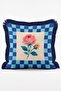 Set of 4 Fringed Throw Pillow Covers with Blue Stripes and Checkered Pattern and Pink Rose Flower Figures - 3