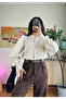Women's Beige Buttoned Knitwear Blouse Poplin Long Ribbed Balloon Sleeves Openwork High Neck Waist Length Stylish Cardigan - 7