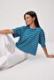 Petrol Çizgili Boxy/Relaxed Kalıp Kısa Kollu Örme T-Shirt TWOSS26TS00048 - 2