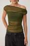 Khaki Plain Asymmetric Collar Long Knitted Tulle Party Blouse Tpraw26Bz00007 - 3