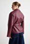 Bordo Kemerli Suni Deri Kruvaze Kapama Oversize Kısa Trençkot TWOAW27TR00009 - 5