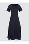 Navy Blue Boat Neck Short Sleeve Woven Midi Dress - 6