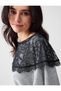 Gray Melange Cowl Neck Batwing Sleeve Lace Detail Knit Blouse - 5