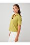 Green 100% Cotton Short Sleeve Shirt Collar Knitted Blouse - 3