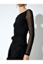 Rose Detailed Mini Long Sleeve Boat Neck Draped Tulle Dress - 5