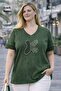 Cedy - Women's Special Design Stretchy , Sequin, Lace Detailed Washed V-Neck Large Size T-Shirt