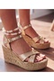 Women's Gold Metallic Cross-Strapped 9 cm Cork Sole Padded Heeled Sandals - 8