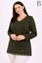 Relaxed Cut V-Neck Hem Tulle And Pearl Embroidered Khaki Mother Combed Cotton Blouse - 4