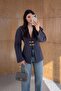 Women's Navy Blue Gold Hook Button Balloon Sleeve Detail Blazer Jacket