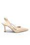 Beige Patent Leather Buckle, Pointed Toe, Open Back, Heel Height 7 Cm.