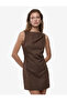 Linen Blend Slim Fit Draped Round Neck Sleeveless Mini Dress with Metal Accessories - 2
