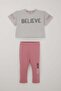 Girl's Capri Tights Crop Suit, Text Printed, Age 8-12, Light Gray Melange - 3