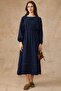 Stripe Detailed Elastic Waist Muslin Dress Dark Blue 9453-E - 2