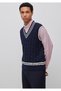 Men's Navy Blue Cotton Blend Contrast Color V-Neck Sweater