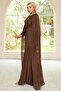 Yoryo Silk Hijab Evening Dress with Stone Detailed Cape on the Collar Brown 1247 - 5