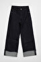 Women's High Waist Wide Leg Folded Hem Navy Blue Jean Trousers - 3