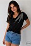 Women's Black V-Neck Leaf Patterned Sequin Embroidered 100% P Cotton T-Shirt - 3