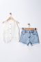 Girl's Tassel Detailed Blouse Shorts Set Summer Two-Piece Set White Blouse Denim Shorts Combination