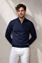 Men's Zippered Half-Fisherman Navy Blue Sweater Knitwear Solid Color Classic Fit - 5242B