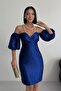 Bandeau Balon Sleeve Bodycon Mini Cobalt Blue Evening Dress - 2