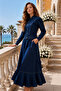 Buttoned Jacket and Skirt Denim Suit Navy Blue 2105 - 3