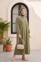 Ribbed Front Half-Buttoned Muslin Dress -Khaki - 4