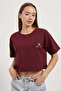 Women's Teddy Bear Embroidered Two Thread Claret Red Crop T-Shirt