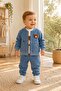 Baby Boy Teddy Bear Embroidered 3-Piece Set Denim Jeans Look Zippered Jacket + Badi + Sweatpants Mevs - 2