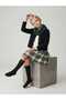 Girl's Black Jacket White Blouse Checkered Skirt Neck Collar Socks Set of 5 - 4
