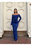 Stone Detailed Strapless Neckline Scuba Fabric Long Sleeve Dress Cobalt Blue 583350
