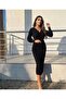 Women's Layered Double Breasted Collar Glitter Fabric Knee Length Dress Black