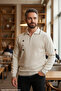 Men's Cream Non-Pilling Standard Fit Regular Cut Embroidery Pattern Polo Neck Knitwear Sweater - 5