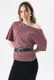 Crep Women's Red Striped Boat Neck Shirred Detailed Crop Short Sleeve T-Shirt Slim Fit Soft Knitted Fabric - 2