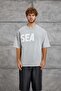 Men's T-Shirt Sea Print Washable Gray Oversize Printed Crew Neck Cotton