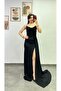 Draped Neckline, Side Slit and Tail Detail Evening Dress