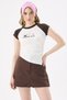 Crep Women's Caribe Girl Printed Raglan Sleeve Asymmetrical Cut Crop T-Shirt / Cotton Ribbed Ecru / Brown - 3
