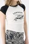 Crep Women's London 1998 Printed Raglan Sleeve Asymmetrical Cut Crop T-Shirt Cotton Ribbed Ecru Black - 6