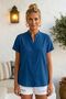 Dark Blue Judge Collar Short Sleeve Buttoned Embroidered Casual Cotton Woven Blouse 67 55 - 3