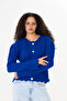 Women's Cobalt Blue Openwork Button Detailed Crew Neck Knitwear Sweater - 4