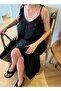 Long Scalloped Seersucker Black Dress - 4