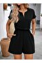 Women's Short-Sleeved V-Neck Short Imported Crepe Jumpsuit with Elastic Waist - 2