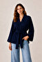 Women's Navy Blue Kimono Jacket - Oversized Belted Woven Tok Fabric - 70 cm