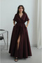 Burgundy 100% Cotton Pleated Bat Sleeve Dress with Tie Waist - 206201