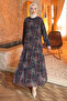 Navy Blue Elastic Sleeve Chiffon Dress