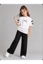 Girls' Summer Clothes: White T-Shirt with Ribbon Printed Sleeves - Black Summer Loose Tracksuit Set - 2