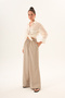 Beige Linen Wide-Leg Elastic Waist Pants