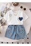 Girl's Heart Detailed Shorts and White T-Shirt 2-Piece Set |   Summer Combination Stylish Holiday Set |   3-7 Years Old