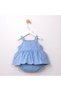 Bebikim Baby Blue Cherry Embroidered Strap Ruffle Dress with Body and Scarf 2-Piece Set - 5