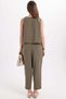 Women's Standard Fit Regular Cut Sleeveless Lycra Crew Neck Blouse Wide Leg Khaki Trousers Set - 9