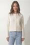 Crew Neck Ribbed Knitwear Cardigan Ecru - 3